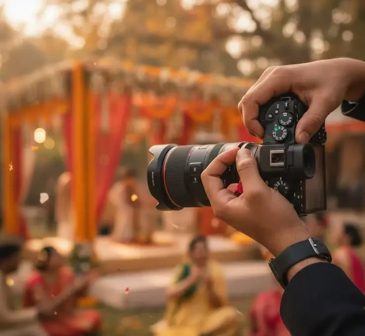 Photographer holding a professional camera at a traditional Indian wedding